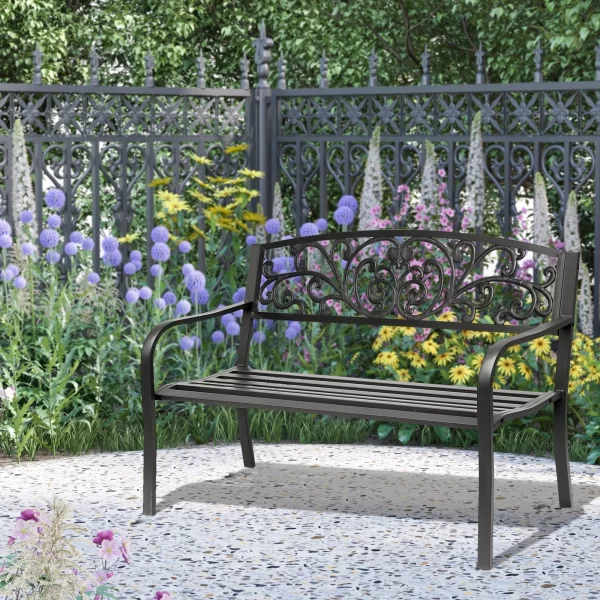 Outsunny metal garden bench with decorated back, 127x60x87cm - black - Image 2