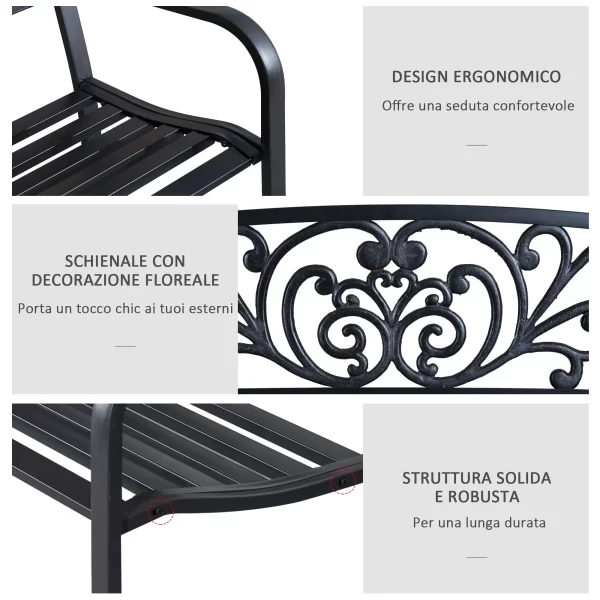 Outsunny metal garden bench with decorated back, 127x60x87cm - black - Image 3