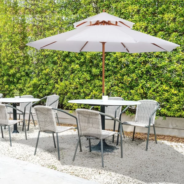 Outsunny garden umbrella wooden terrace with double waterproof roof, cream, φ2.7 × 2.6m - Image 2