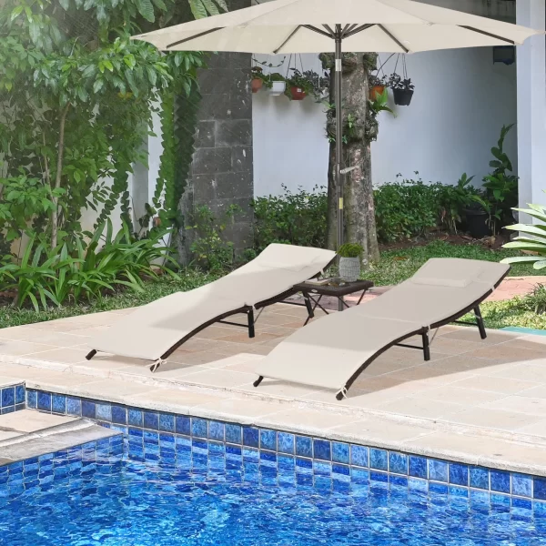 Outsunny sunbed sunbed sunbeds with removable cushions and folding table, 3 pcs in rattan, cream - Image 2