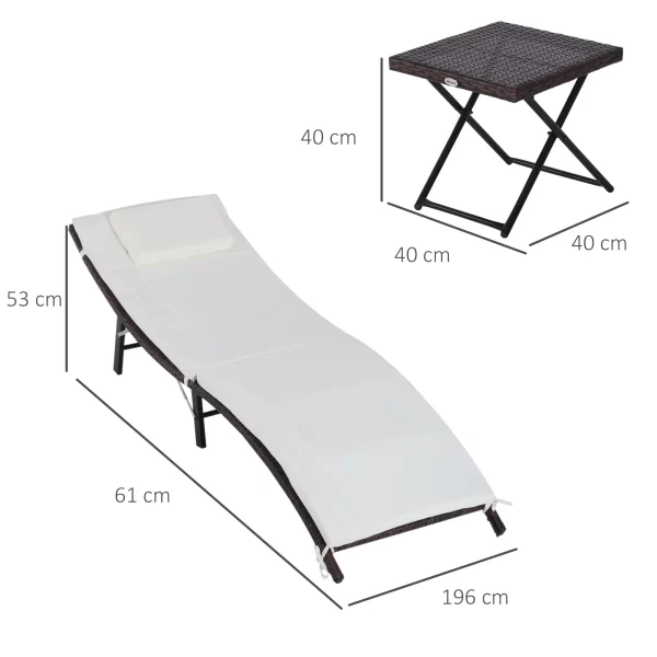 Outsunny sunbed sunbed sunbeds with removable cushions and folding table, 3 pcs in rattan, cream - Image 3