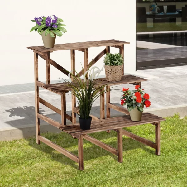 Outsunny Scaletta Fioriera Garden holder with 3 fir wood shelves, 80x80x80cm - Image 2