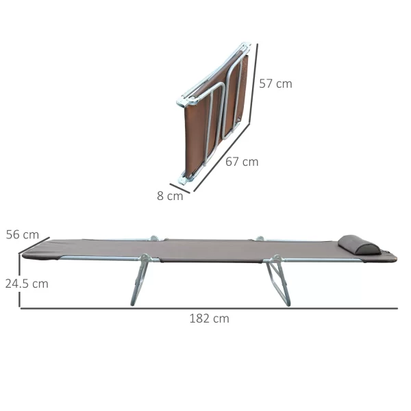 Outsunny folding sun bed with reclining back and pillow, 182x56x24.5 cm, brown and silver - Image 3
