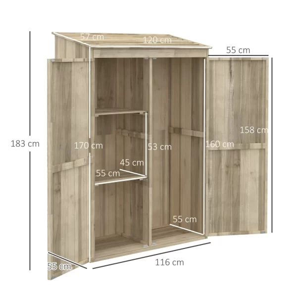 Outsunny garden house in fir wood with 2 doors and shelves, 120x57x183cm, natural - Image 2