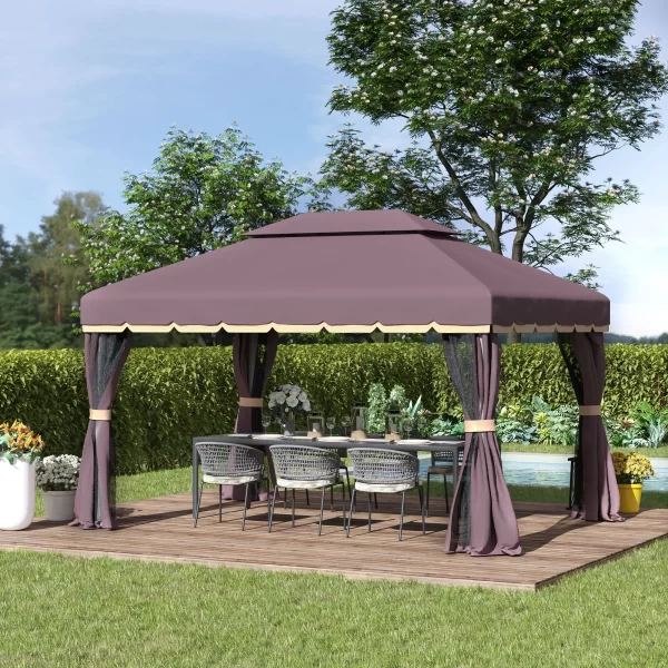 Outsunny Waterproof garden gazebo with double roof, mosquito net and side sheets, aluminum and polyester, 2.9 x 3.9 m, coffee -colored - Image 2
