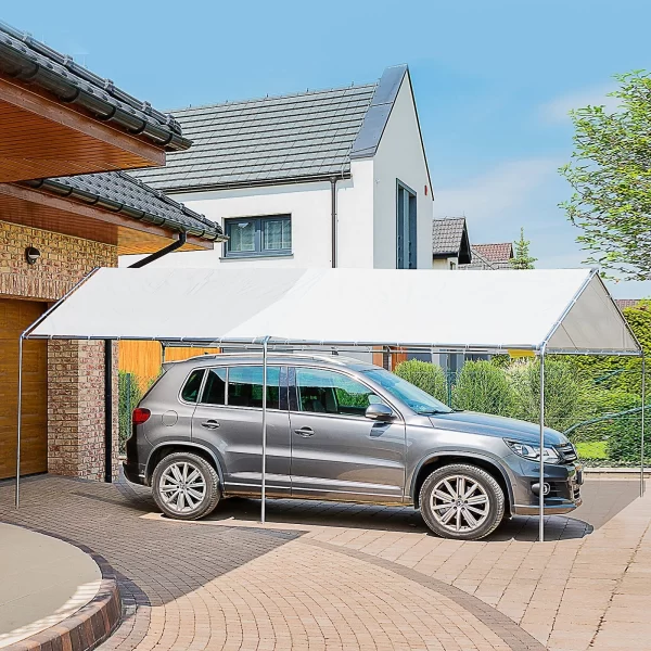 Galvanized Steel Car Awning with Anchoring Kit, 5.95x2.94x2.6m - White - Image 2