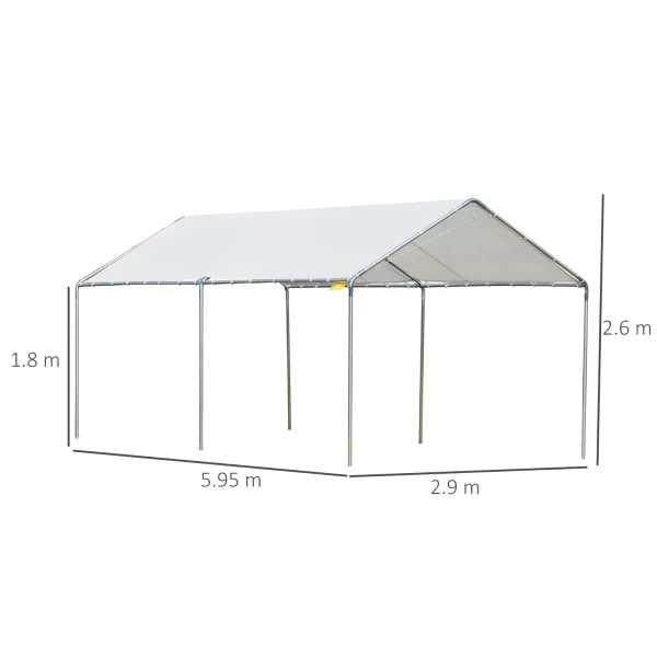 Galvanized Steel Car Awning with Anchoring Kit, 5.95x2.94x2.6m - White - Image 3