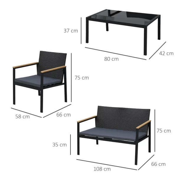 Rattan Outdoor Garden Table, Sofa and Chairs with Wooden Armrests| Outsunny - Image 3