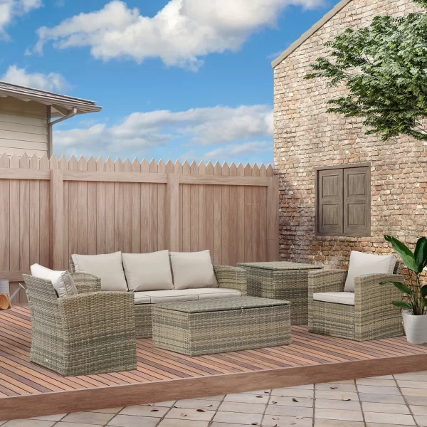 Outsunny Garden Furniture Set 6 pieces in Rattan with sofas, armchairs and container tables, beige - Image 2
