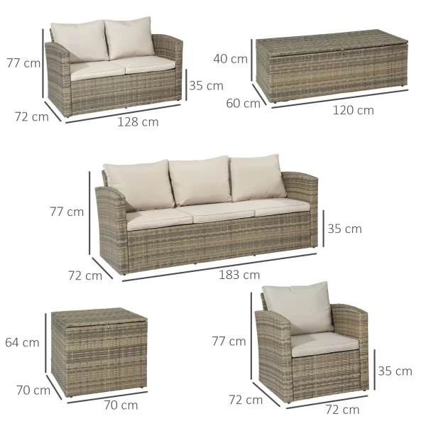 Outsunny Garden Furniture Set 6 pieces in Rattan with sofas, armchairs and container tables, beige - Image 3