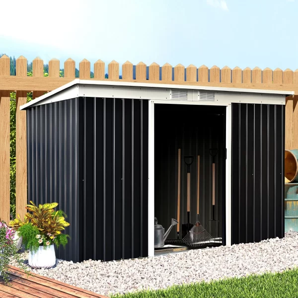 Outsunny Garden House Door Glass Lowworks in Steel sheet, Steel Garden Shed with sliding doors, 280x130x172cm, Grey-black - Image 2