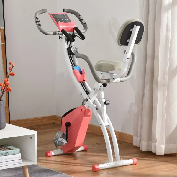 Folding Exercise Bike, 8 Level Adjustable Magnetic Resistance, Fitness Bike with Heart Rate Sensor, Arm Bands, LCD Screen, 2.5kg Flywheel, Pink - Image 2