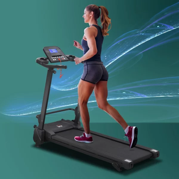 Folding Electric Treadmill Space Saving, Speed 14km/h, LCD Monitor 5 Programs and USB Socket, for Home and Office, 750W Motor, Black - Image 2