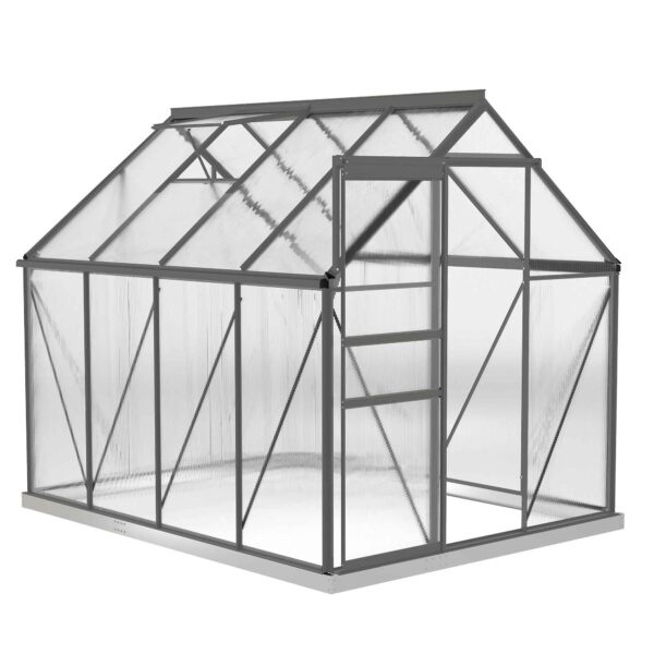 Polycarbonate and Aluminum Greenhouse with Opening Window and Sliding Door, 190x253x199 cm, Dark Gray