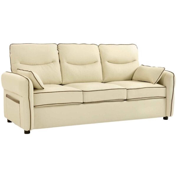 3-Seater Faux Leather Sofa with Thick Padding, Side Pocket and 2 Cushions, 190x83x90 cm, Beige