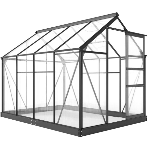 Polycarbonate and Aluminum Greenhouse with Sliding Door, Air Vent and Gutter, 190x252x201 cm, Gray