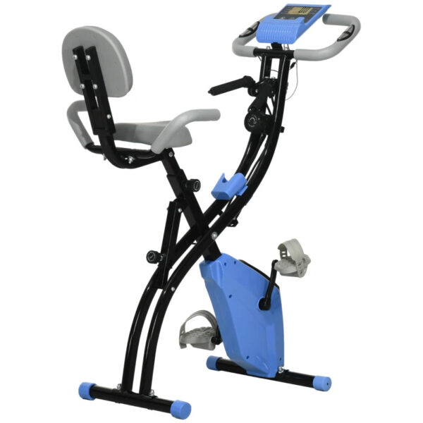 Folding Exercise Bike with 8 Resistance Levels and Adjustable Seat, Blue and Gray
