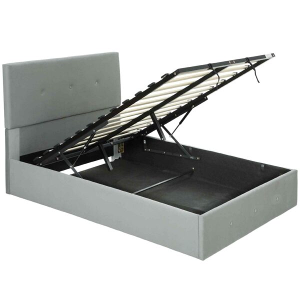 Storage Bed with Hidden Storage and Velvet Quilted Headboard, in Wood and Metal, 195x141x106 cm, Grey