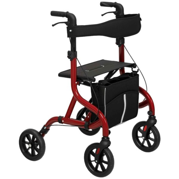 Folding Walker with Seat and Backrest for the Elderly, Adjustable Height, Bag and Cane Holder, Red