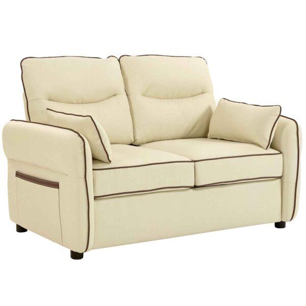 2-Seater Faux Leather Sofa with Thick Padding, Side Pocket and 2 Cushions, 136x81x90 cm, Beige