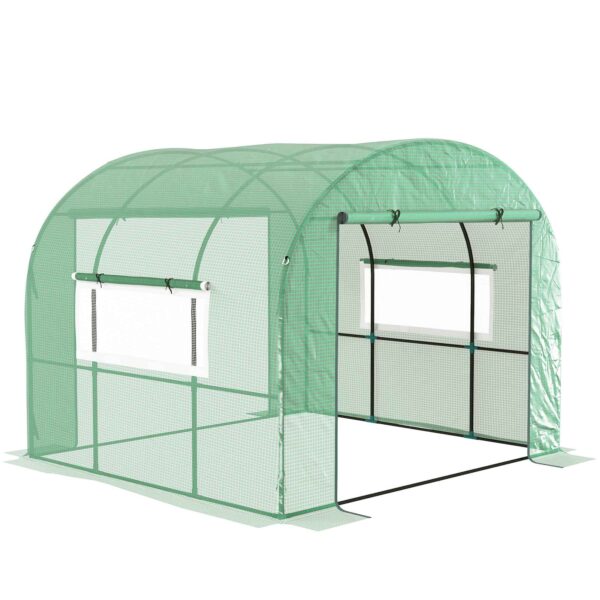 Outsunny 3x3x2 m Steel and UV-Resistant Polyethylene Tunnel Greenhouse for Vegetable Garden with Roll-Up Doors and Windows, Green