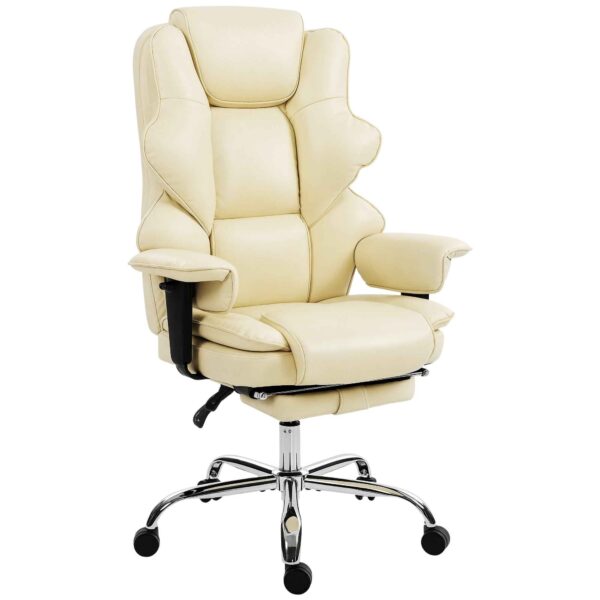 Office Chair with Footrest and Headrest, PU Leather, Foam and Metal, 76x73x117-125 cm, Cream White