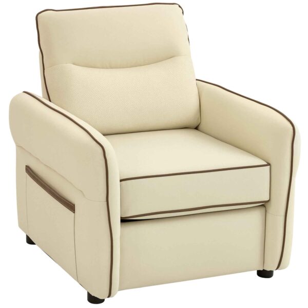 Modern Lounge Chair with Thick Padding, Side Pocket and Faux Leather Upholstery, Beige