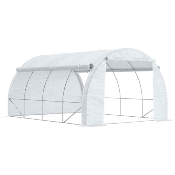 Outsunny Tunnel Greenhouse with Door, Panels and 8 Roller Windows, in Galvanized Steel and PE, 3.97x3x2 m, White