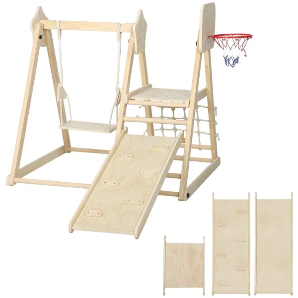 AIYAPLAY 5-in-1 Folding Climbing Game with Slide, 2 Walls, Swing and Basketball Hoop, Wooden, 140x172.5x116.5 cm
