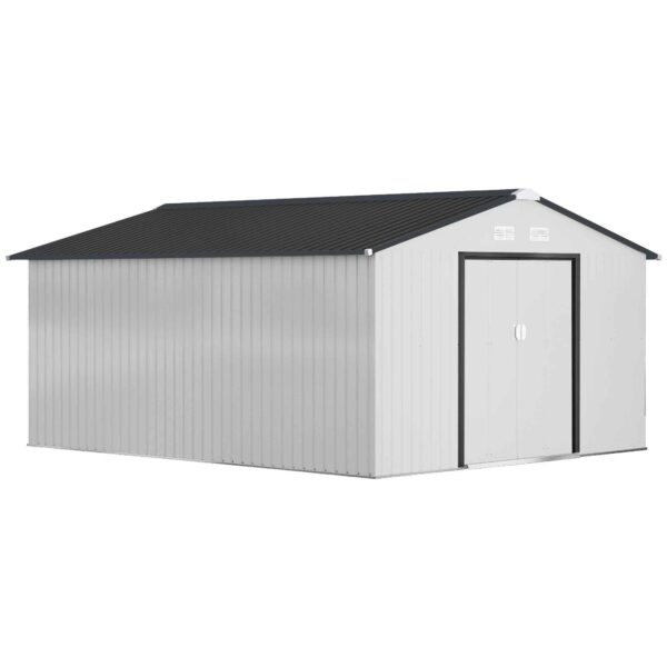 3.4x3.8x2 m Steel Garden Shed with Double Sliding Door and Pitched Roof, Silver