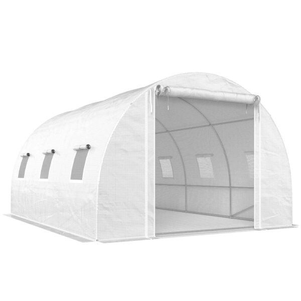Outsunny Tunnel Greenhouse with 2 Removable Poles and Mesh Doors and Windows, in Galvanized Steel and PE, 396x300x200 cm, White