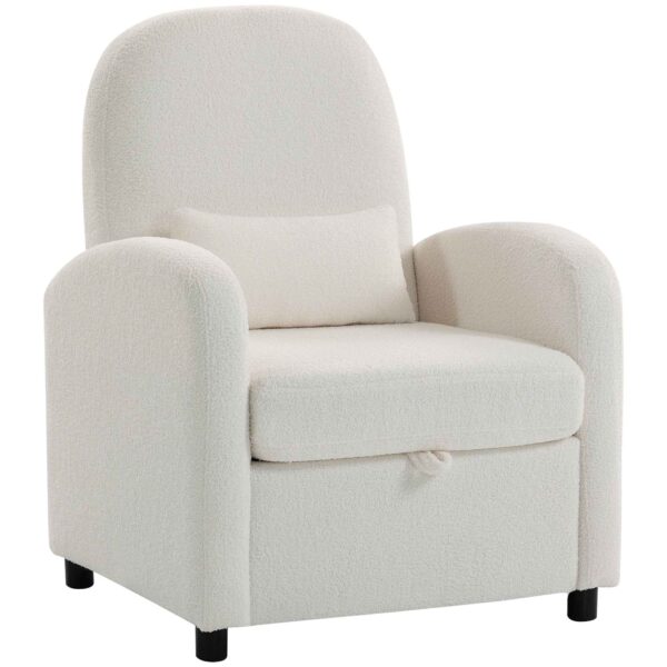 Modern Armchair with Retractable Storage Space and Cushion, Teddy Fleece Upholstery, 76x77x95 cm, Cream