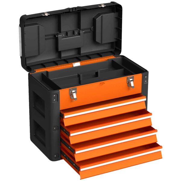 4-Drawer Tool Box with Top Compartment in Steel and Plastic, Orange and Black