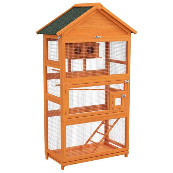 PawHut 3-Door Bird Aviary with House, Ladder and Tray, Made of Wood and Metal, 92x52x171 cm, Orange and Green