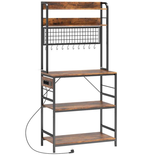 HOMCOM Kitchen Shelf with Charging Station, 5 Shelves and 10 S-Hooks, Wood and Steel, 80x40x170 cm, Brown