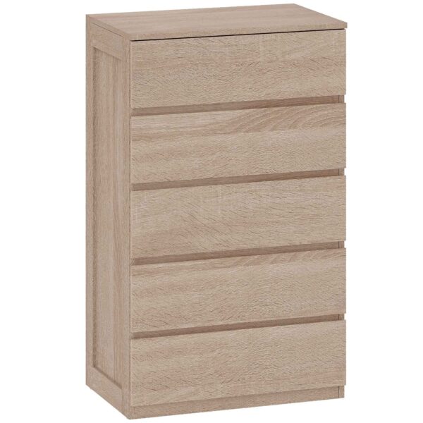 HOMCOM 5-Drawer Wooden Chest of Drawers with Metal Rails and Grooved Handles, 60x39x100 cm, Beech Color
