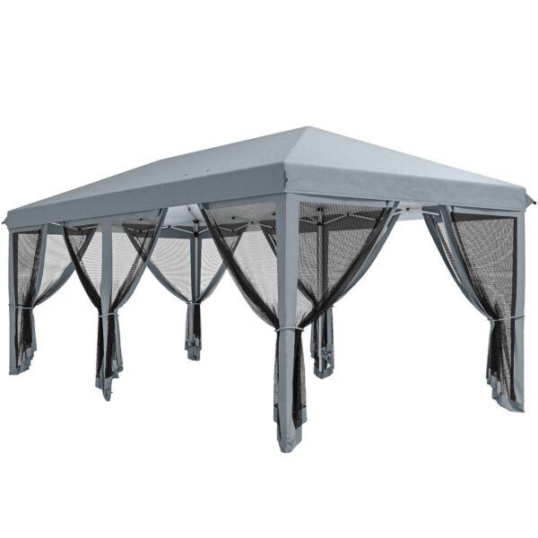 6x3m Folding Garden Gazebo with 6 Mosquito Nets and Button, Steel and Polyester, Grey