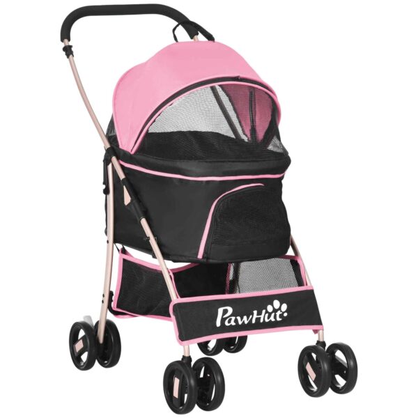PawHut 2-in-1 Foldable Dog Stroller, Convertible to a Carrier with 2 Leashes and Cushion, Pink