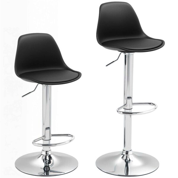 Set of 2 Bar Stools with Backrest and Footrest, in PP, PU Leather and Steel, 38x42x82-104 cm, Black