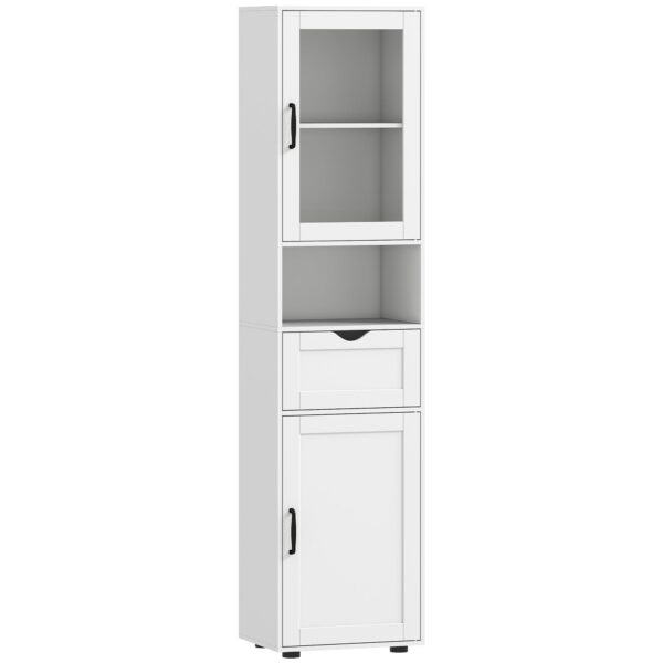 HOMCOM Wooden Bathroom Column with 2 Cabinets, Drawer and Open Shelf, 40x30x165 cm, White