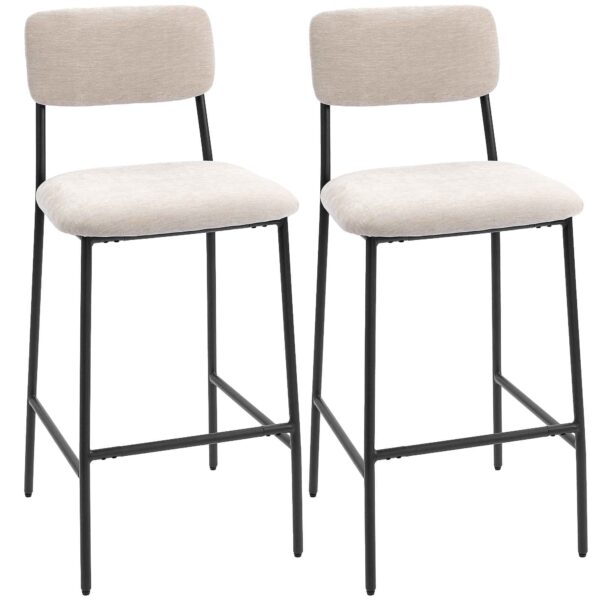 HOMCOM Set of 2 High Back Bar Stools with Footrest and Chenille Upholstery, Cream