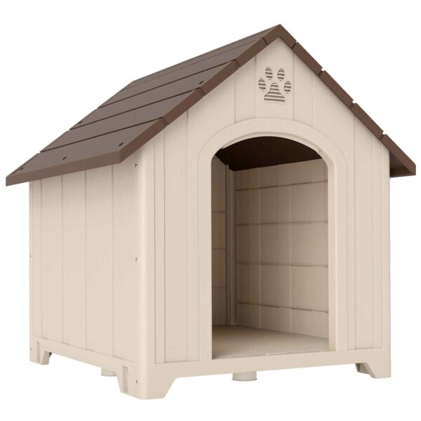 PawHut Raised Dog Kennel with Sloped Roof and Air Vents, PP, 102x94x103 cm, Beige and Dark Brown