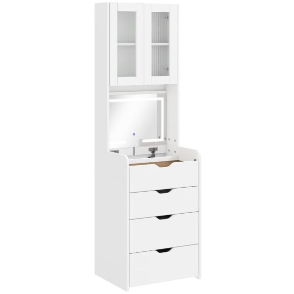 HOMCOM Makeup Vanity Table with Illuminated Mirror and Stool, Adjustable Light, Drawers and Cabinet, White
