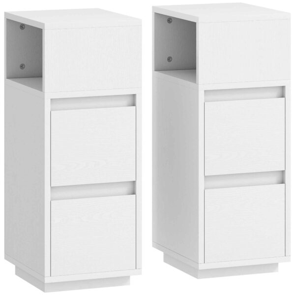HOMCOM Set of 2 Modern and Space-Saving Bedside Tables with 2 Drawers and Open Shelf, 25x30x65 cm, White