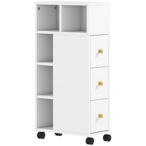 HOMCOM Space-Saving Bathroom Cabinet with Wheels, 3 Drawers and 5 Compartments with Adjustable Shelves, 20x40x80 cm, White