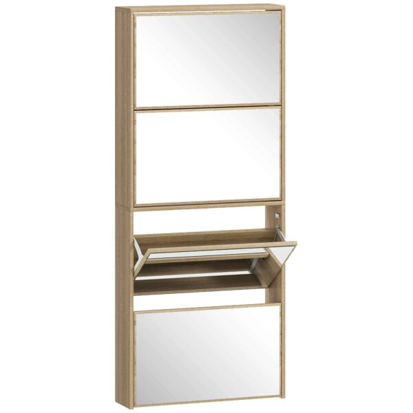 HOMCOM 4-Door Mirrored Shoe Rack, Anti-Tip, Wood Color, 63x17x146 cm