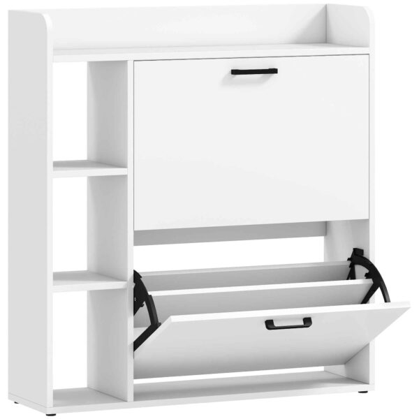 HOMCOM Slim Shoe Rack with 2 Tilting Drawers and 3 Open Compartments, Capacity 15 Shoes, 83x24x90.5 cm, White
