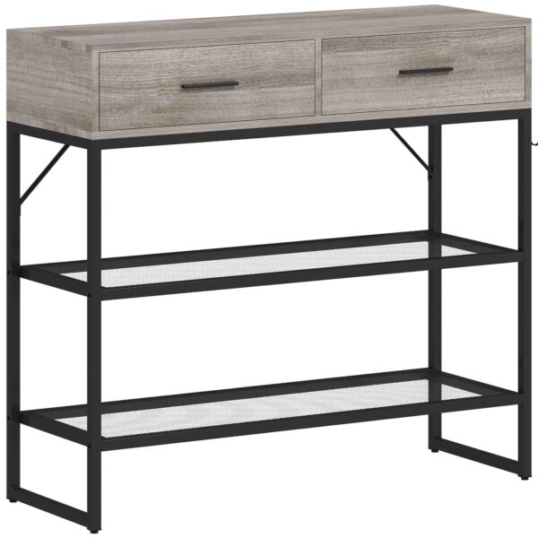 HOMCOM Entrance Console Table with 2 Drawers, 2 Shelves and Side Hook, in Wood and Metal, 100x35x92 cm, Black and Wood