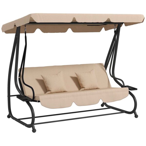 Outsunny 3-Seater Garden Swing Bed with Adjustable Canopy and Tray, 200x120x164 cm, Light Brown
