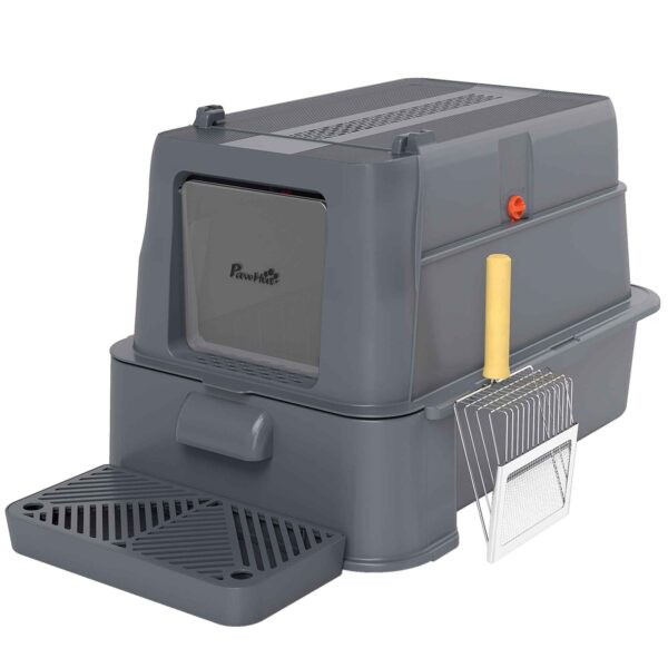PawHut 80L Enclosed Cat Litter Box with Removable Tray, ABS and Stainless Steel, 63x43x43 cm, Dark Grey